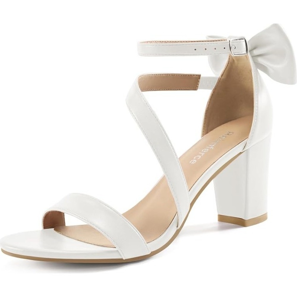 Reimferce Women's White Low Heel Strappy Heels Shoes Back Bow Wedding Size US 8